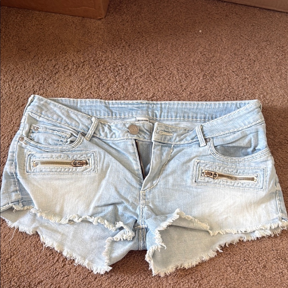 True Religion Joey Light Blue Frayed Jean Shorts